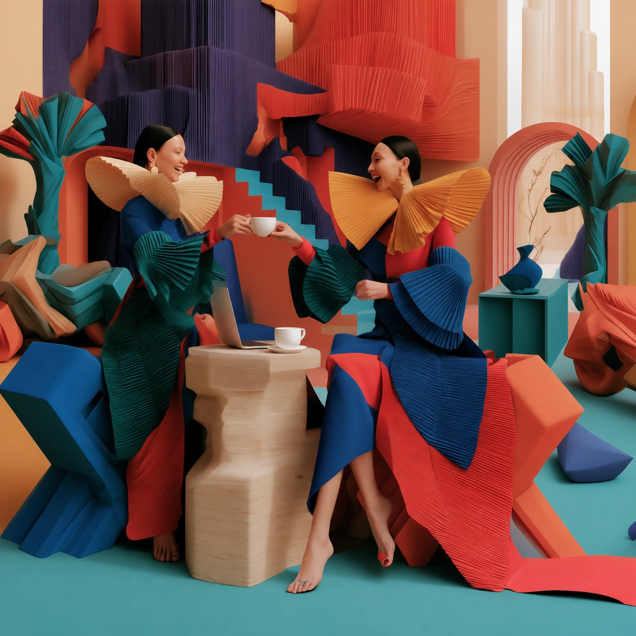 Two fictional friends sharing coffee beside a laptop in a colourful sculptural home